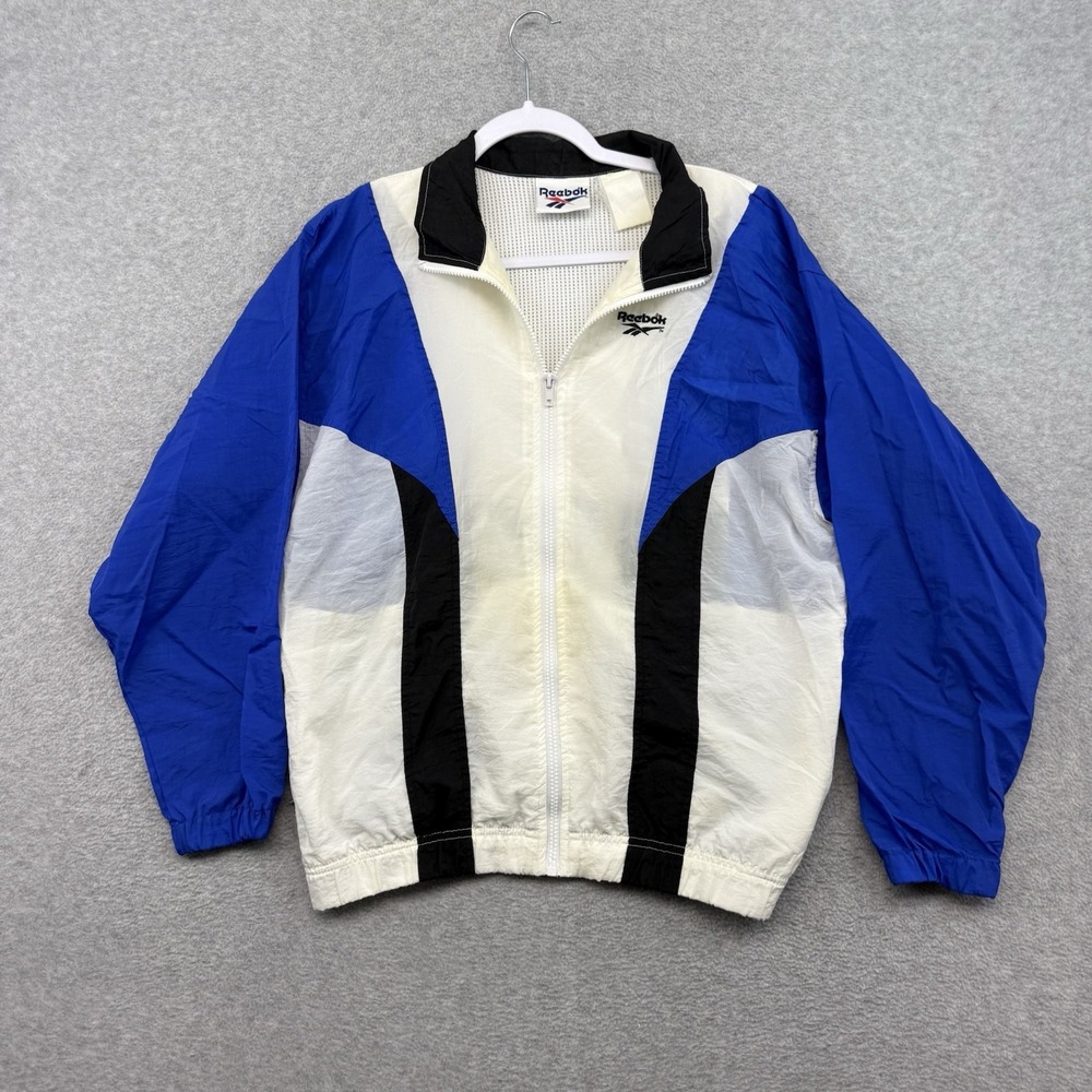 Crazy Vintage 90s Reebok Black Blue & White Nylon Windbreaker Jacket Mens M
